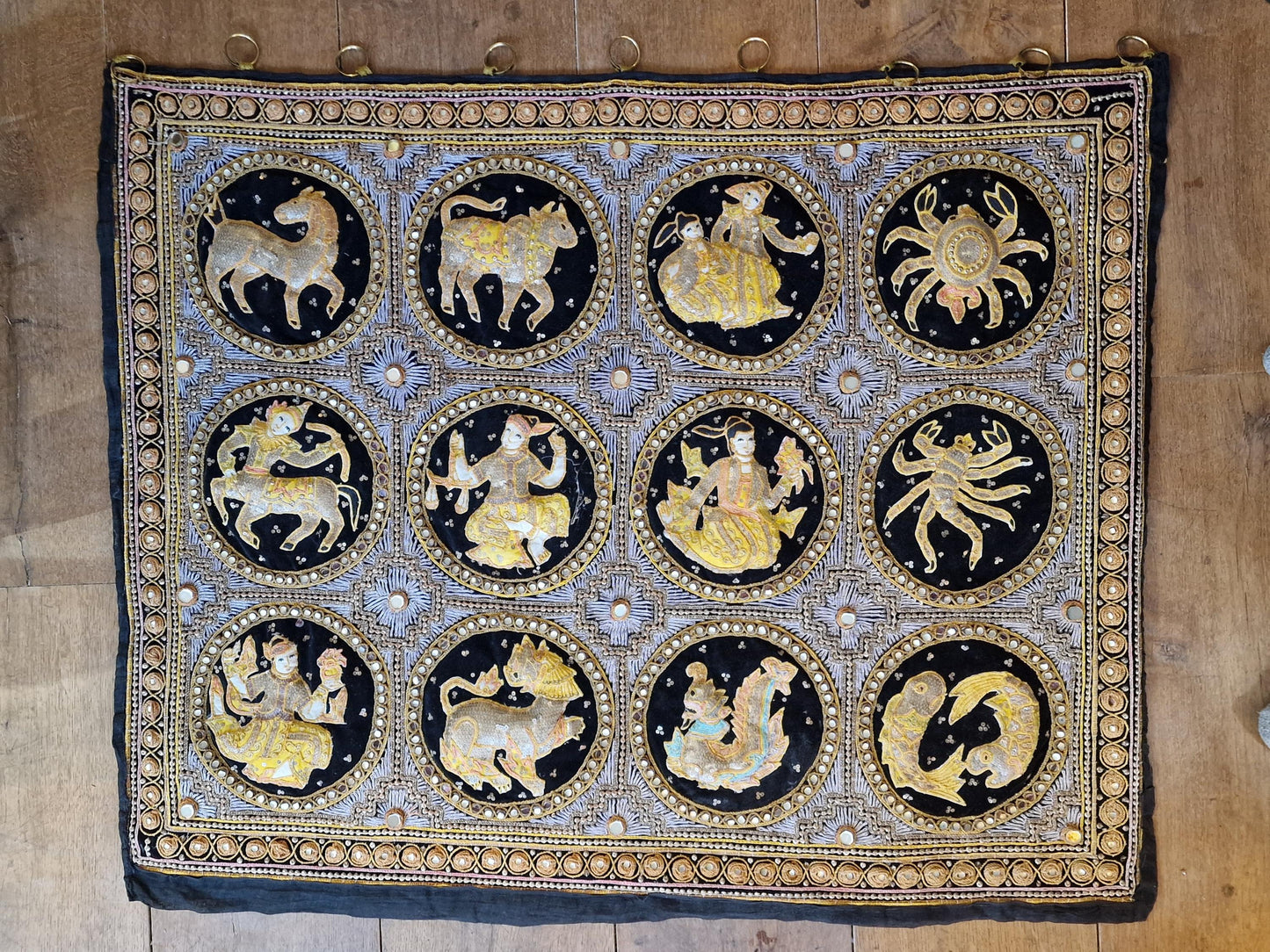 Vintage Kalaga Tapestry, Burmese Embroidered Zodiac Wall Hanging