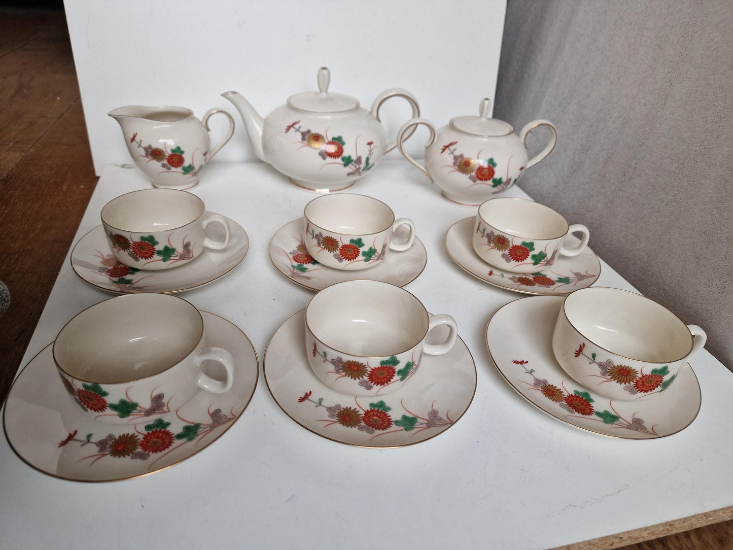 6p handpainted porcelain service tea japanese vintage porcelain chrysanten gold