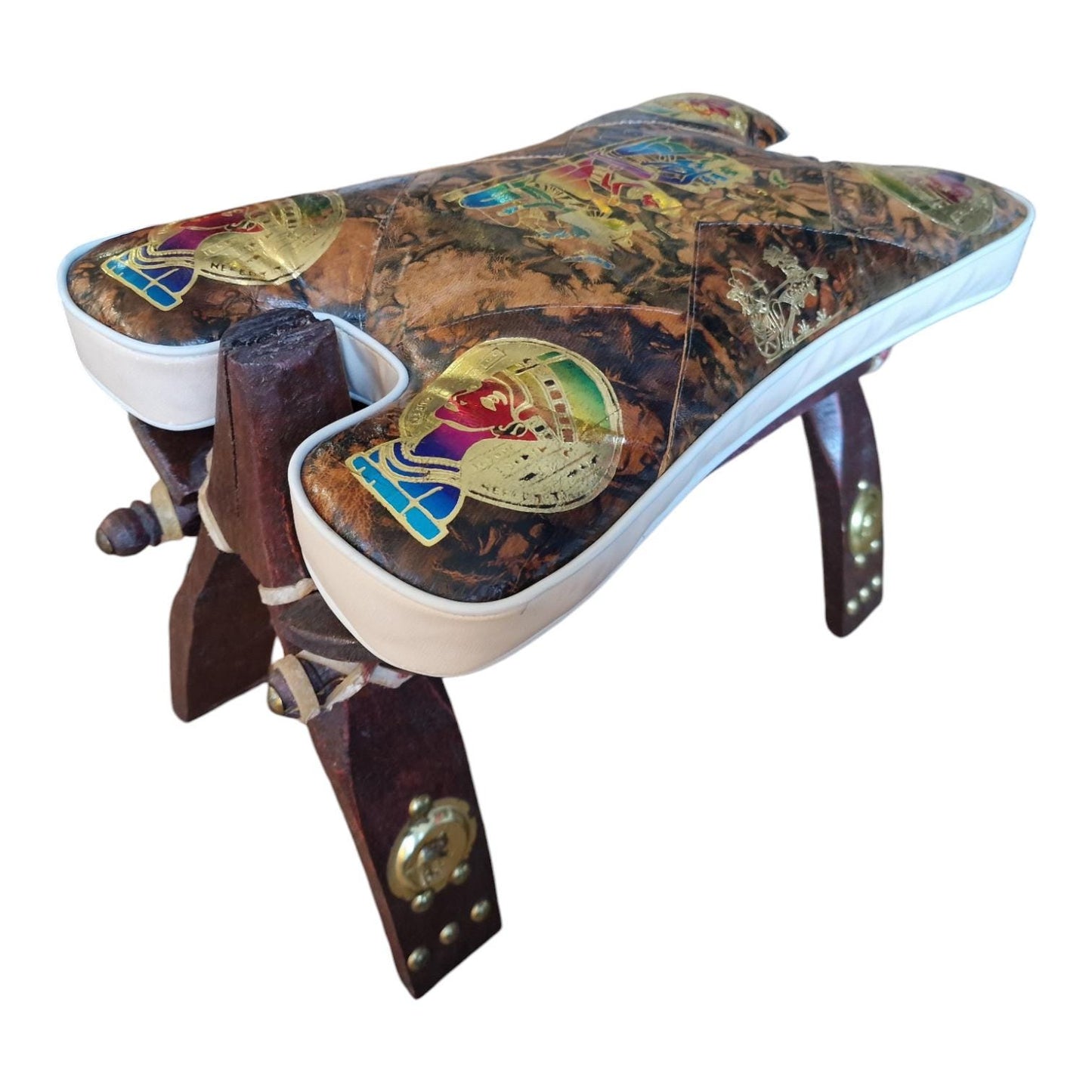 Vintage Leather Footstool: Eclectic Boho Egyptian Style ottoman