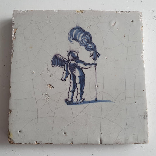 Antique Dutch Tile -  angel with ?  - Dated 1700, , delft blue , holland 17th century