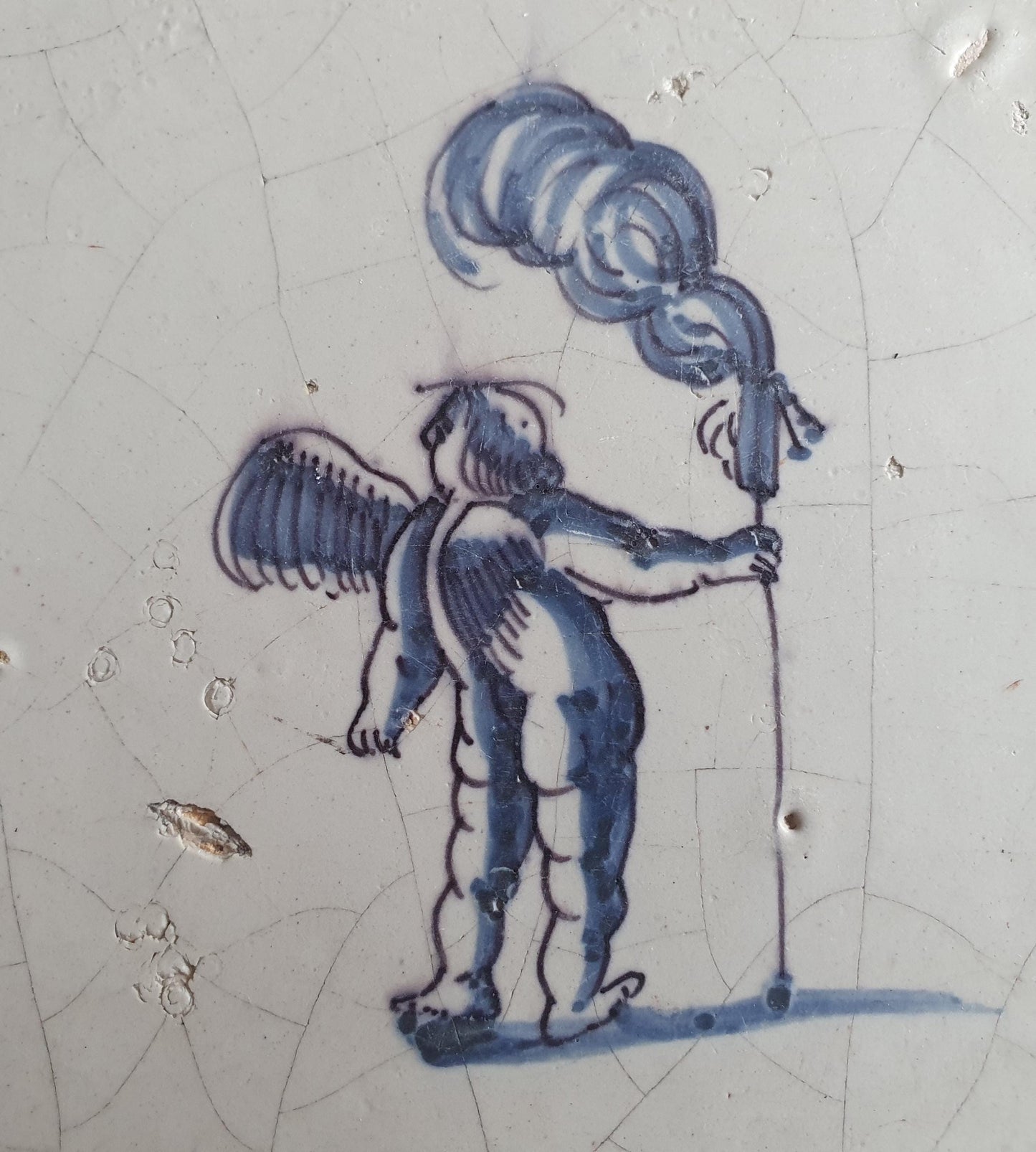 Antique Dutch Tile -  angel with ?  - Dated 1700, , delft blue , holland 17th century