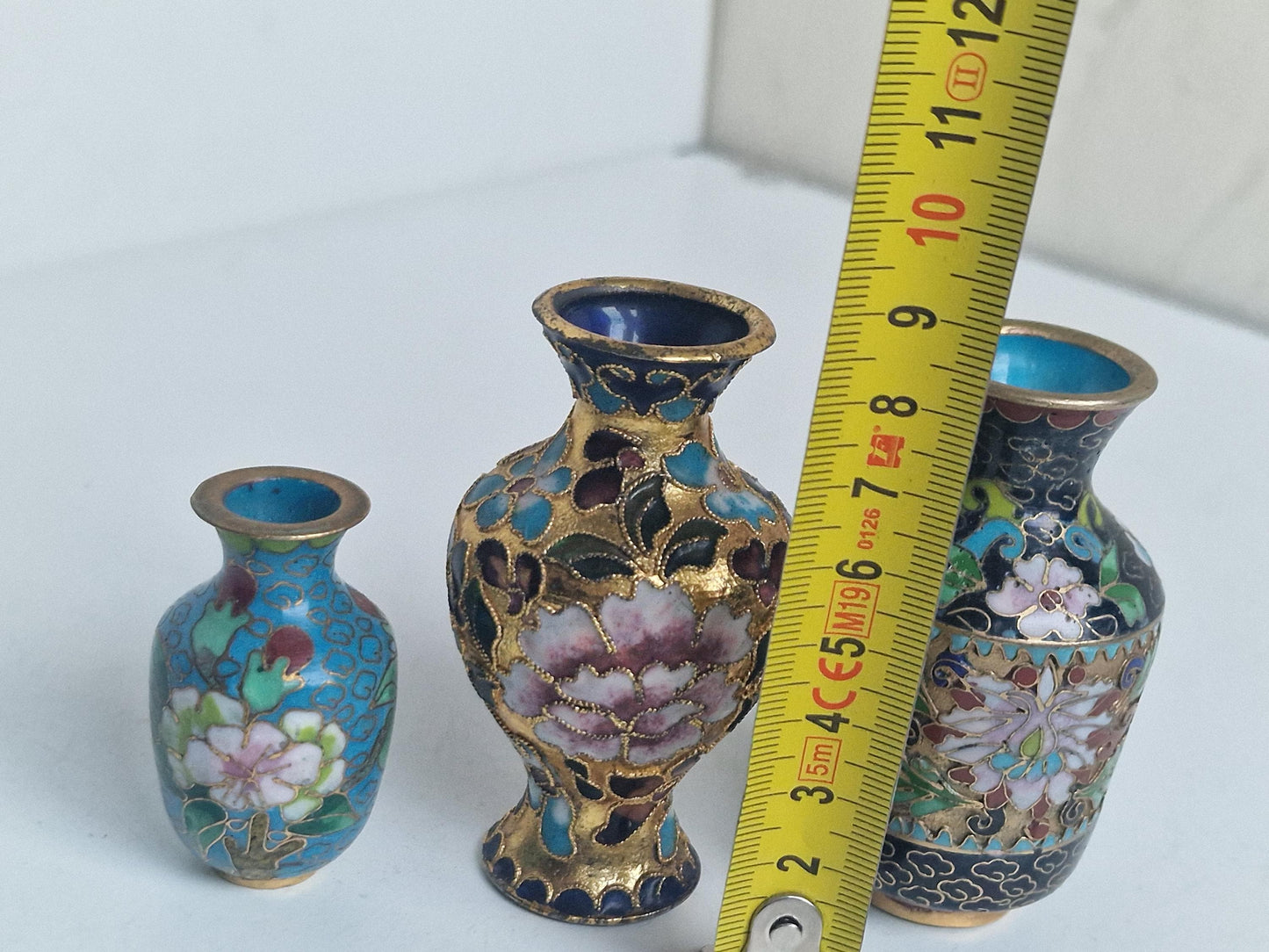 Antique Enamel Cloisonne Vases, Polychrome Floral Decor, Collectible Set of 3