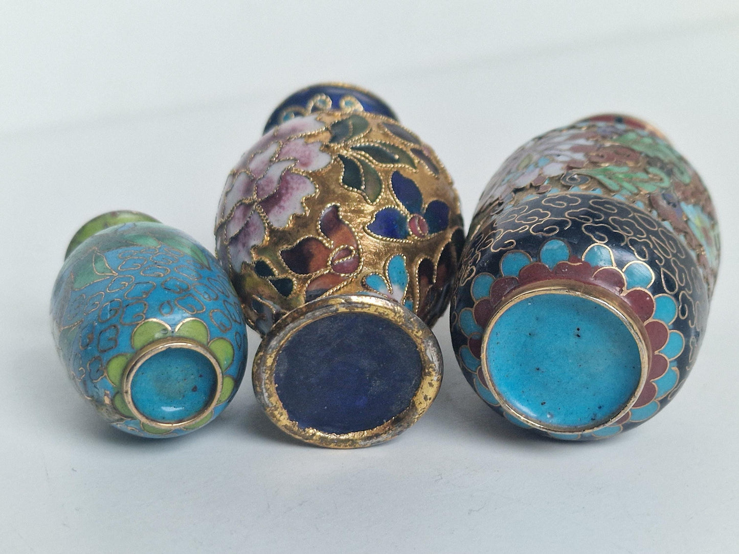 Antique Enamel Cloisonne Vases, Polychrome Floral Decor, Collectible Set of 3