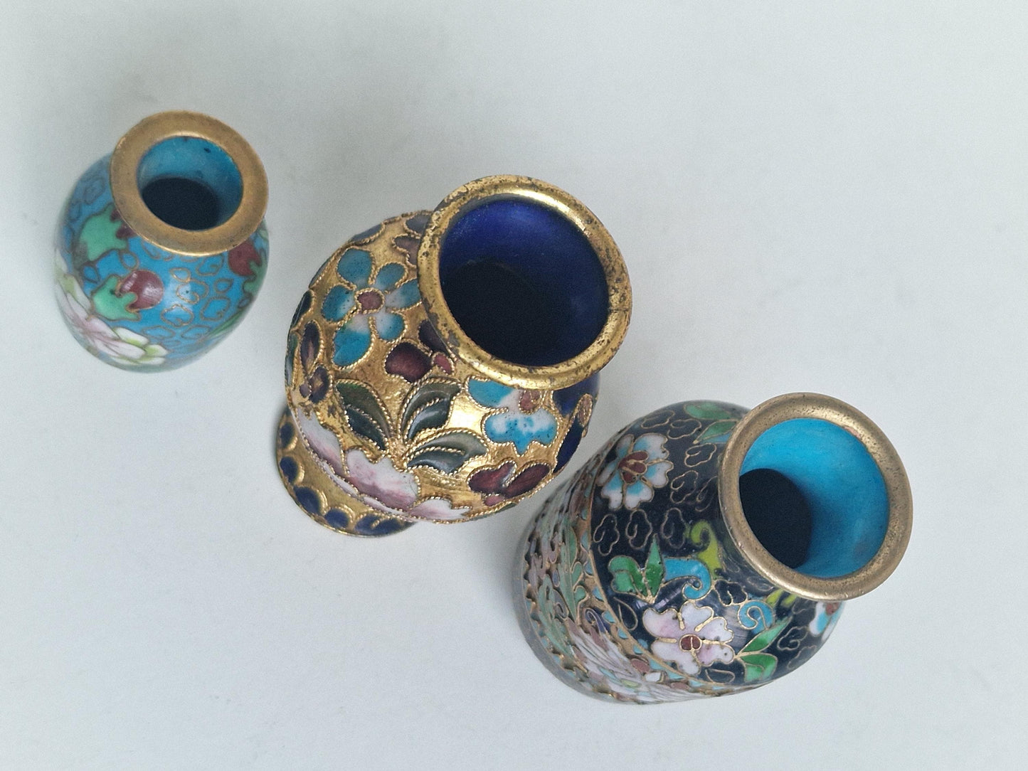 Antique Enamel Cloisonne Vases, Polychrome Floral Decor, Collectible Set of 3