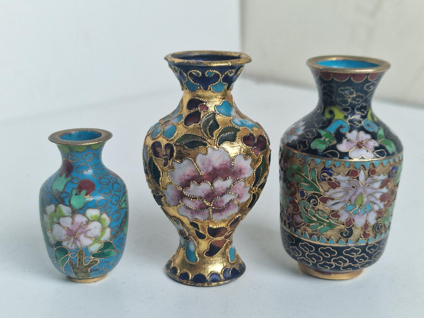 Antique Enamel Cloisonne Vases, Polychrome Floral Decor, Collectible Set of 3