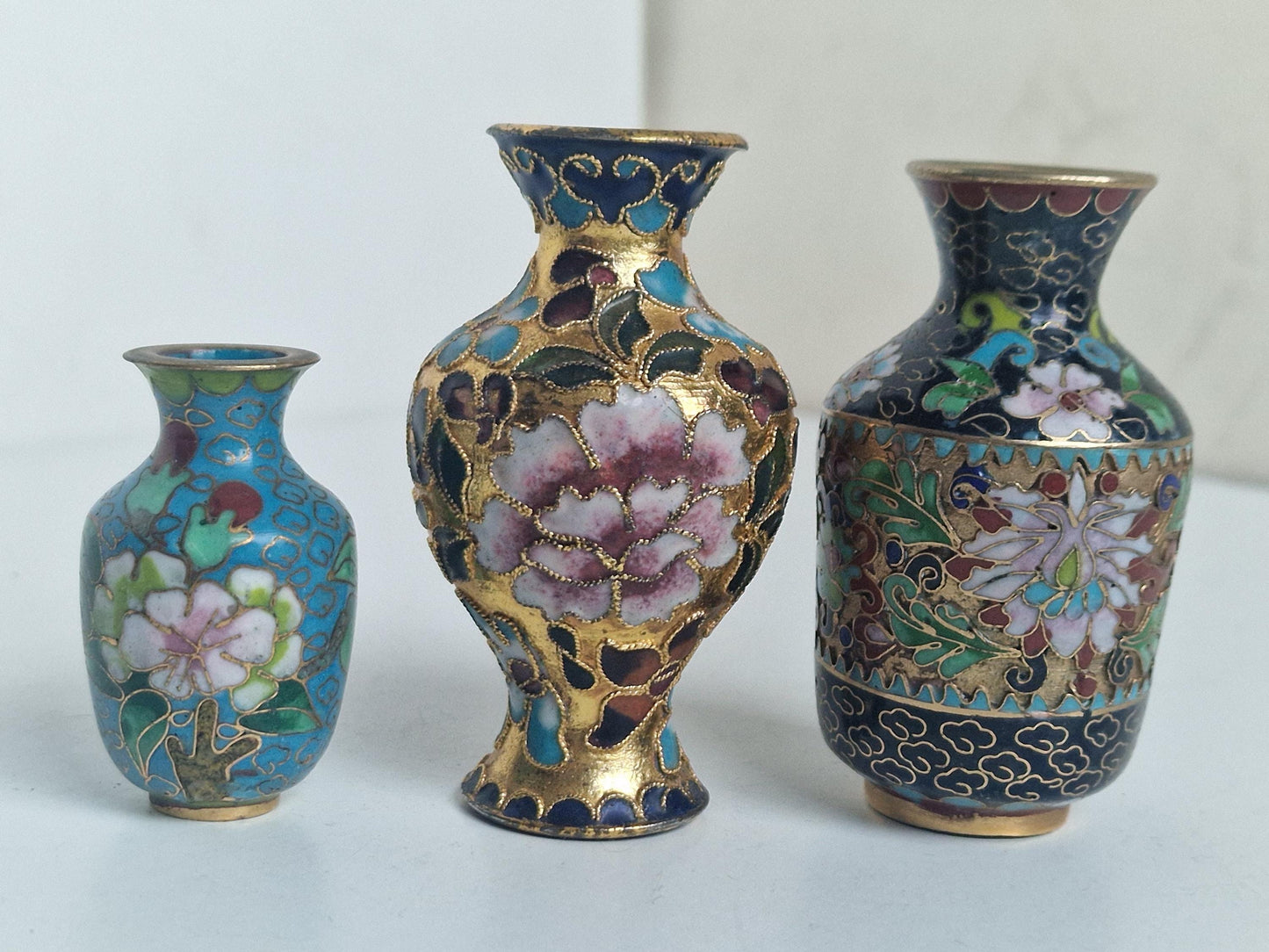 Antique Enamel Cloisonne Vases, Polychrome Floral Decor, Collectible Set of 3