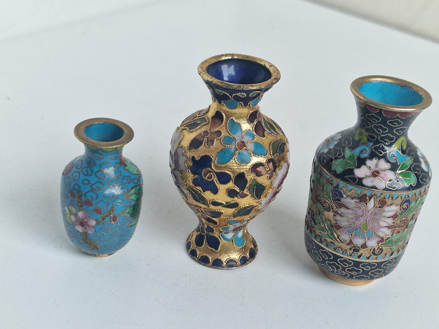 Antique Enamel Cloisonne Vases, Polychrome Floral Decor, Collectible Set of 3
