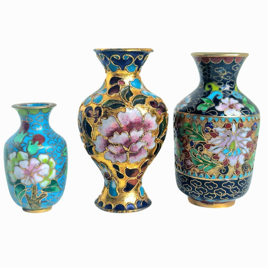 Antique Enamel Cloisonne Vases, Polychrome Floral Decor, Collectible Set of 3