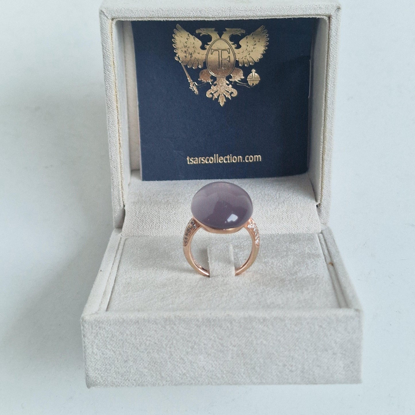 Tatiana Fabergé Egg Ring, 22KT Rose Gold Gilded Sterling Silver, Gray Lila Cabochon faberge
