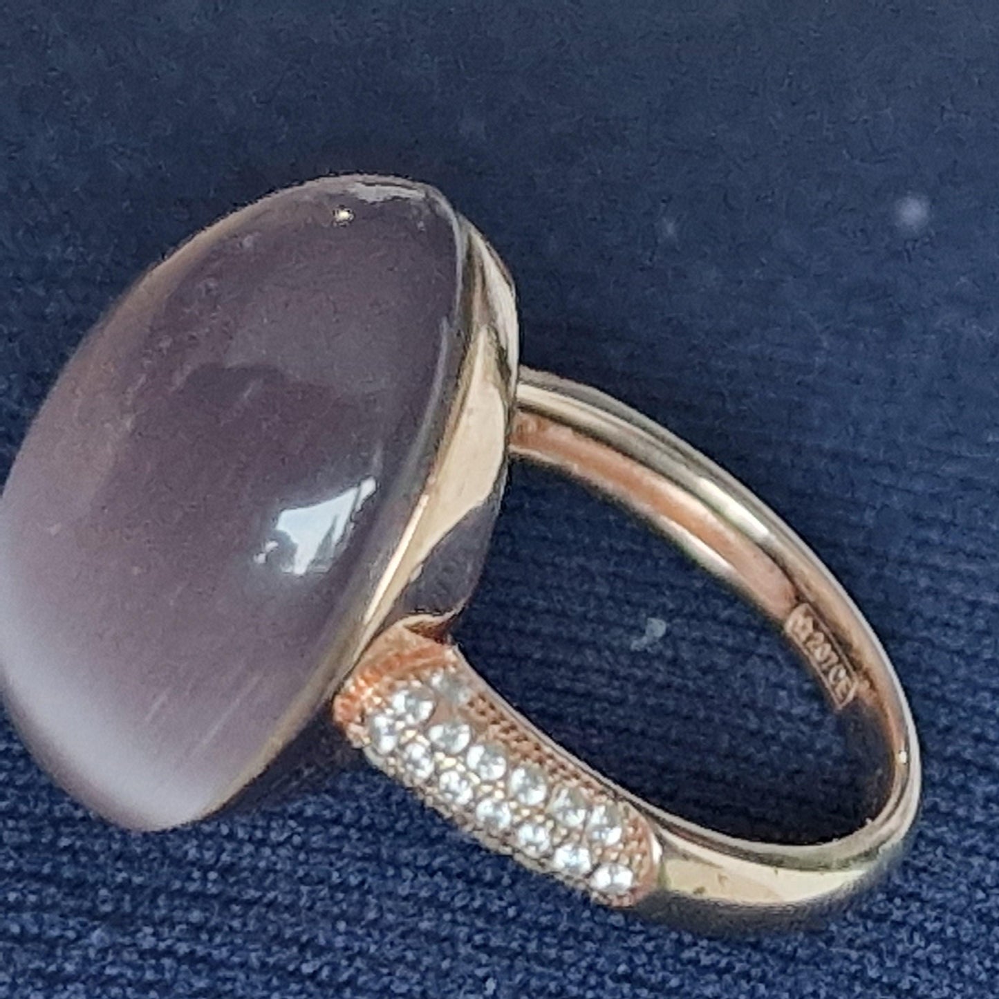 Tatiana Fabergé Egg Ring, 22KT Rose Gold Gilded Sterling Silver, Gray Lila Cabochon faberge