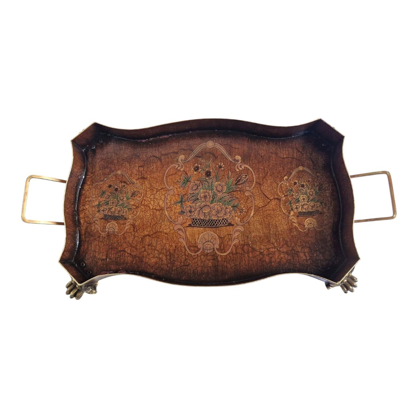 XL Italian Serving Tray, Faux Leather Centerpiece, Hollywood Regency Brass