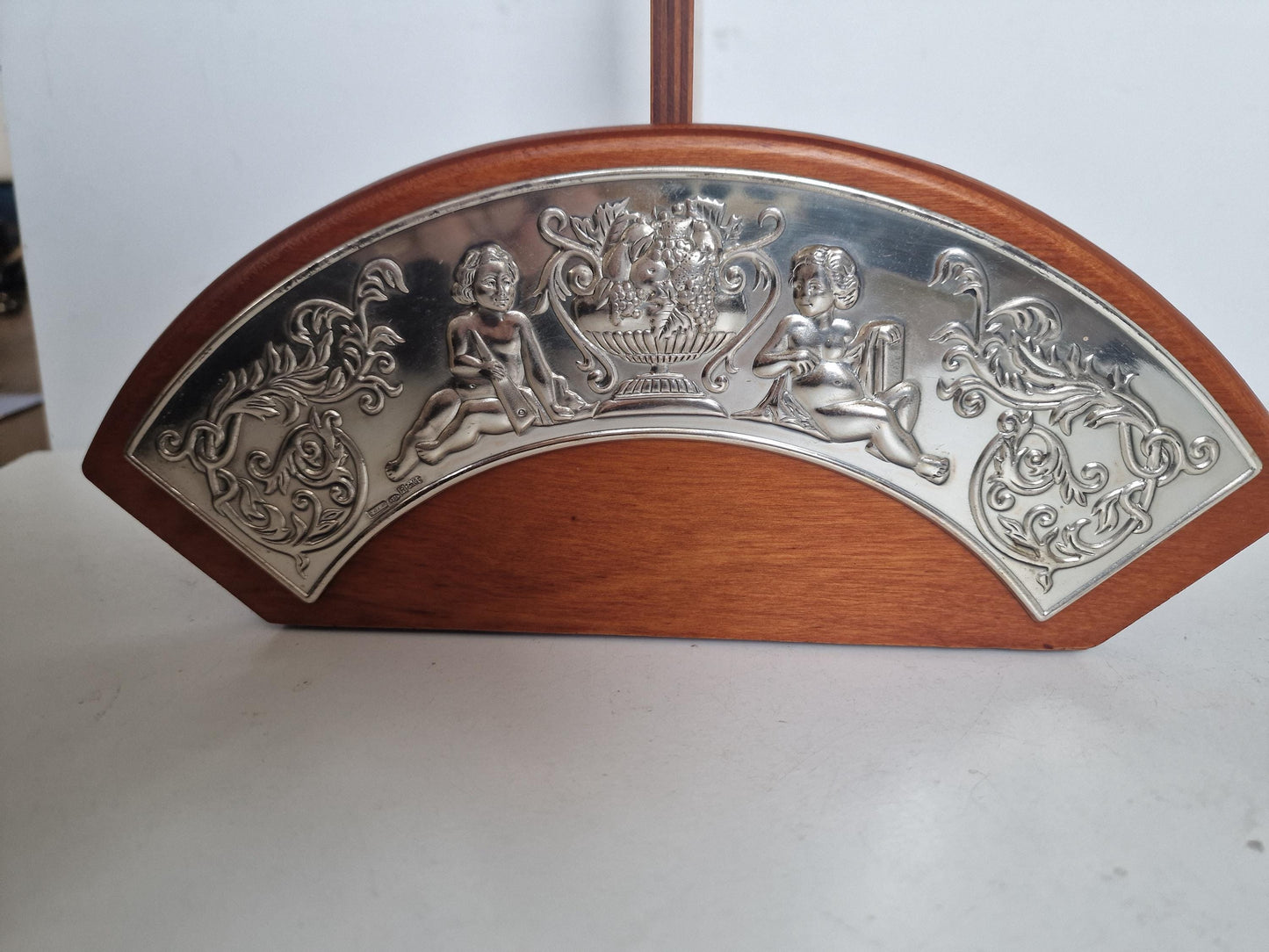 Sterling Silver Cherub Wine Bottle Holder, Wood Table Decor