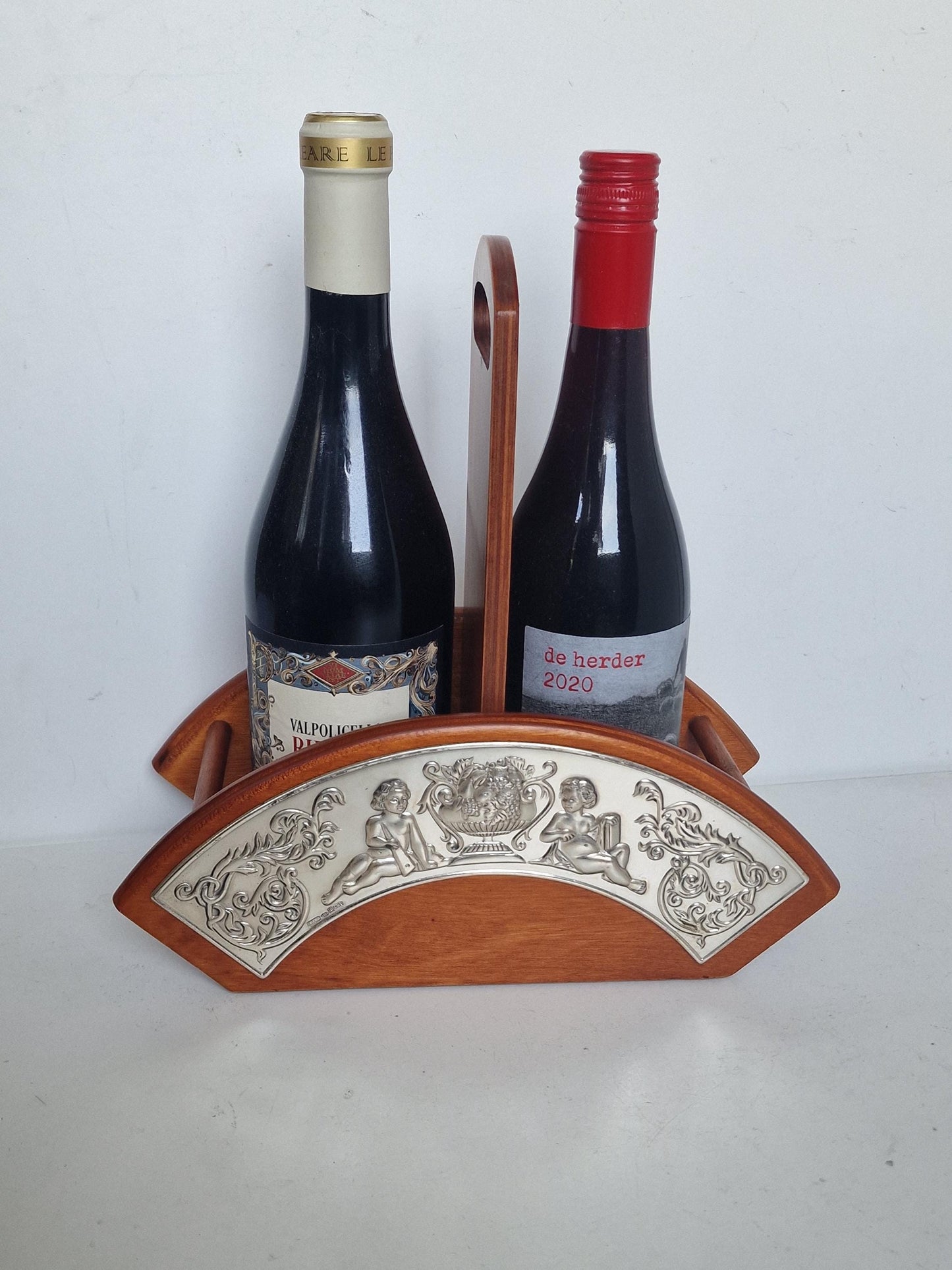 Sterling Silver Cherub Wine Bottle Holder, Wood Table Decor
