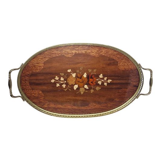 Edwardian Sheraton Style Marquetry Wood Tray with Brass Handles