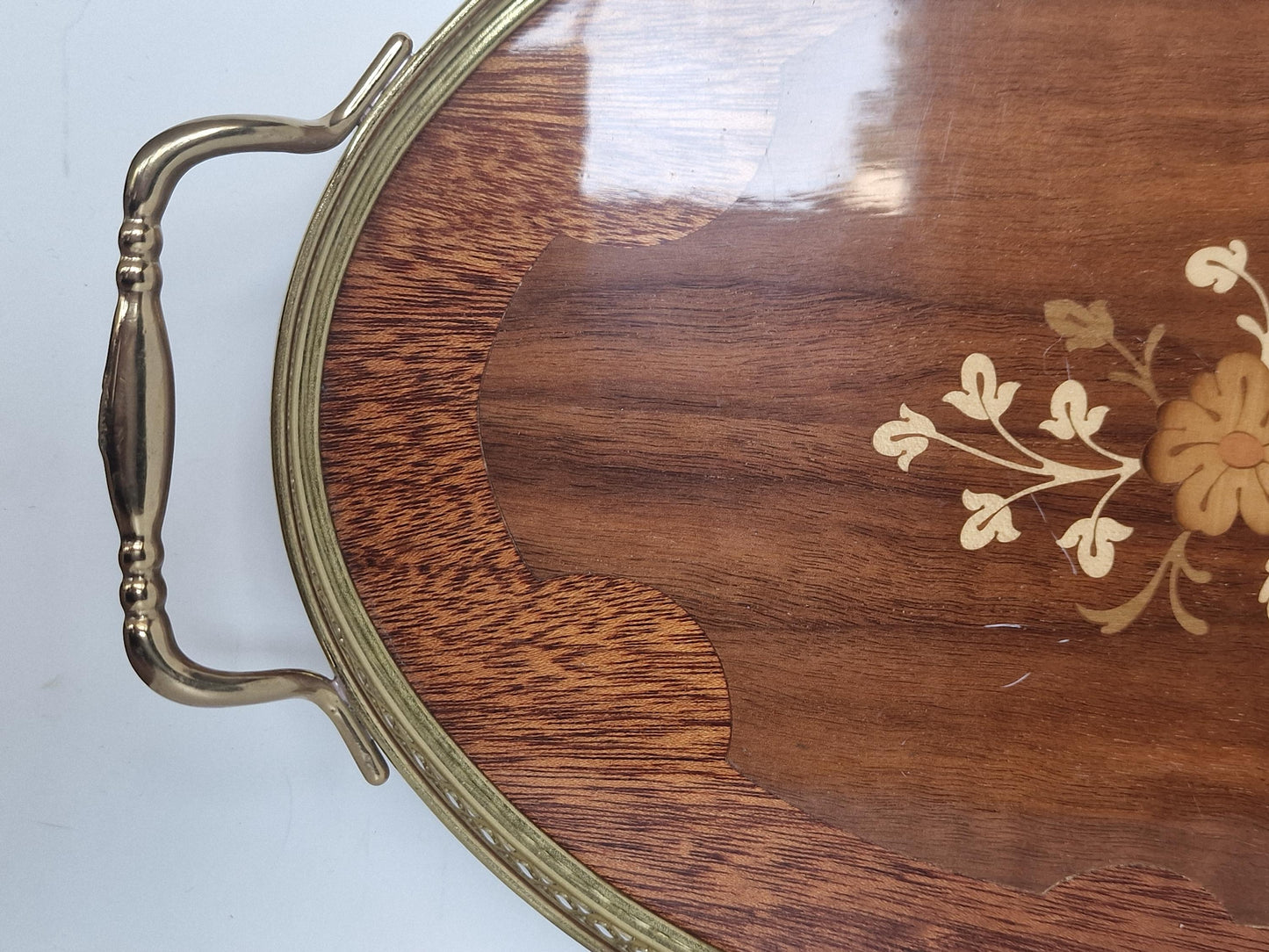 Edwardian Sheraton Style Marquetry Wood Tray with Brass Handles