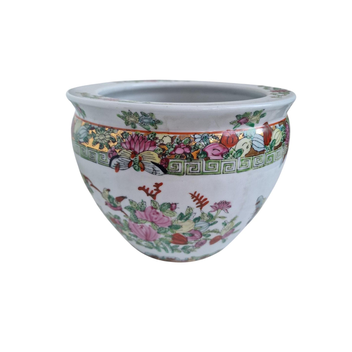 Large CHINESE Porcelain Fish Bowl or JARDINIERE, Famille Rose Mandarin Canton, 20th C planter