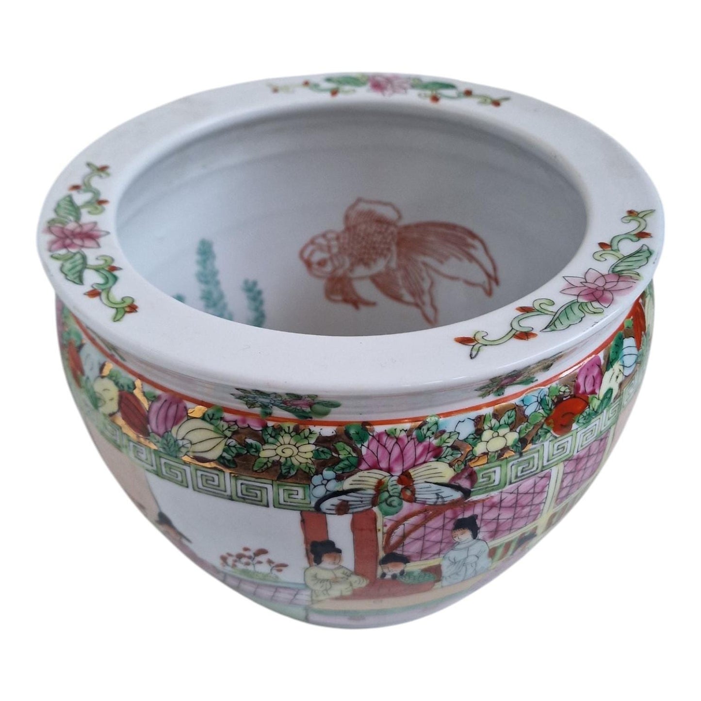 Large CHINESE Porcelain Fish Bowl or JARDINIERE, Famille Rose Mandarin Canton, 20th C planter