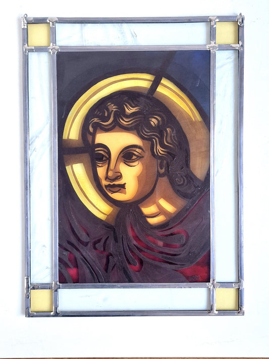 Vintage Stained Glass Window, Holy Mary, Bestwig Monastery, Signed Artwork (41x31cm)