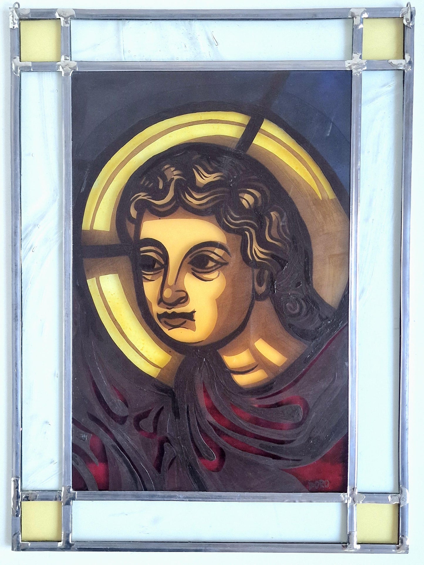 Vintage Stained Glass Window, Holy Mary, Bestwig Monastery, Signed Artwork (41x31cm)