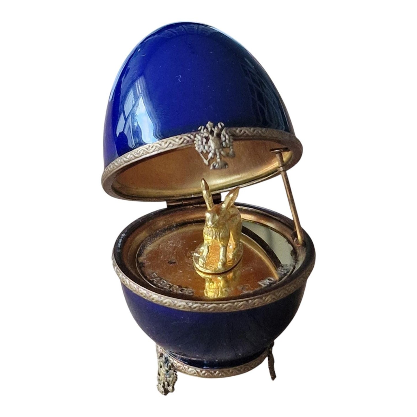 XL Fabergé Egg, Hare, Sterling Silver, 24K Gold, Limoges Porcelain