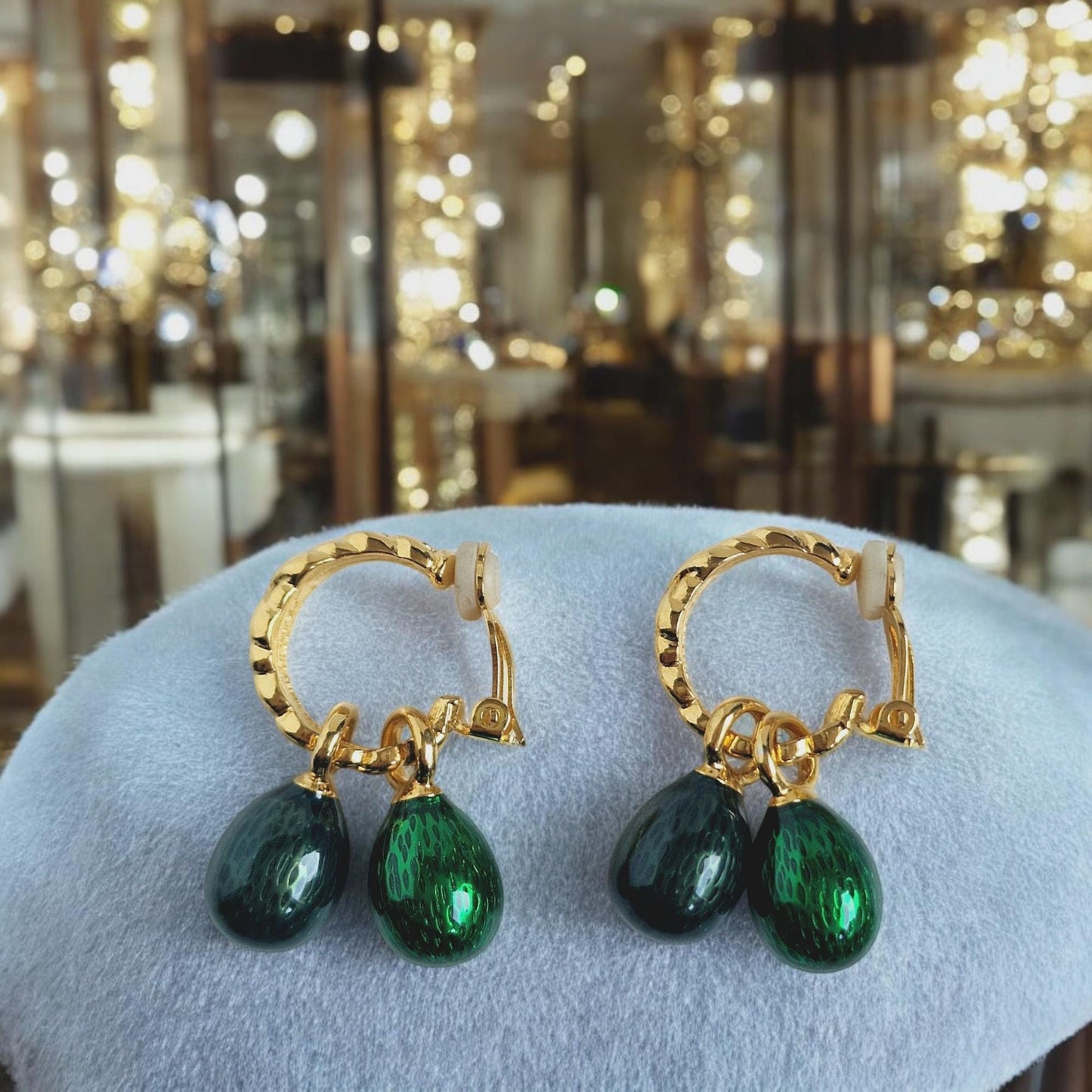 Faberge Egg Clip Earrings, Emerald Green, Vintage Goldgilt Jewelry Fabergé