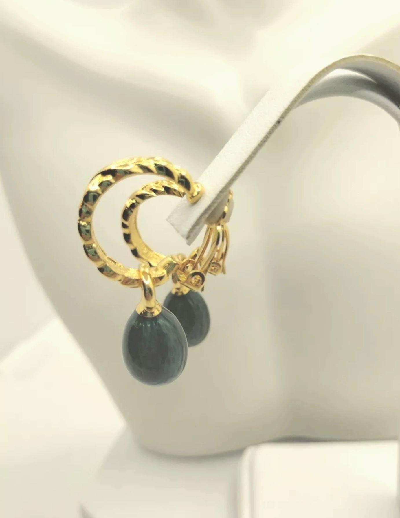 Faberge Egg Clip Earrings, Emerald Green, Vintage Goldgilt Jewelry Fabergé
