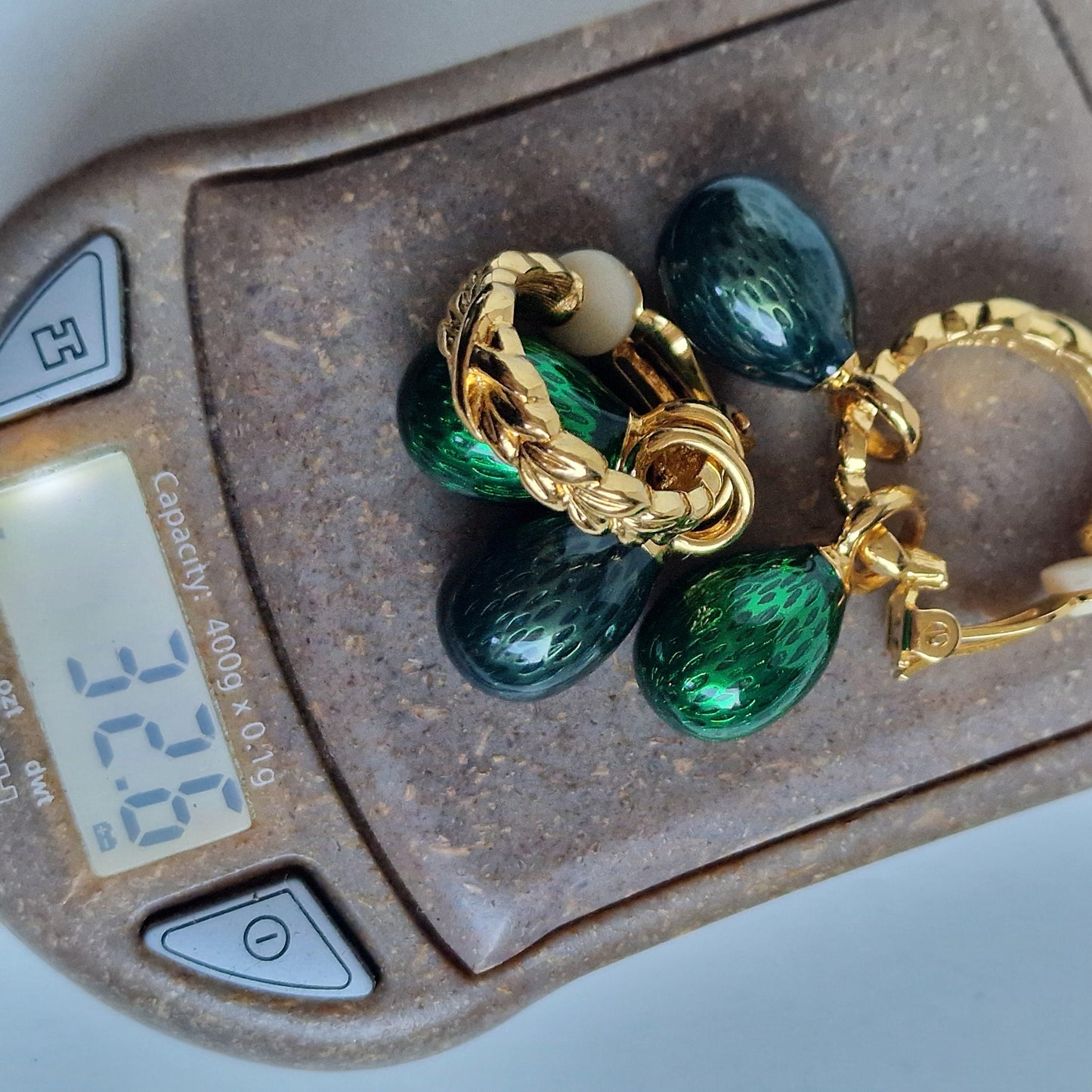 Faberge Egg Clip Earrings, Emerald Green, Vintage Goldgilt Jewelry Fabergé