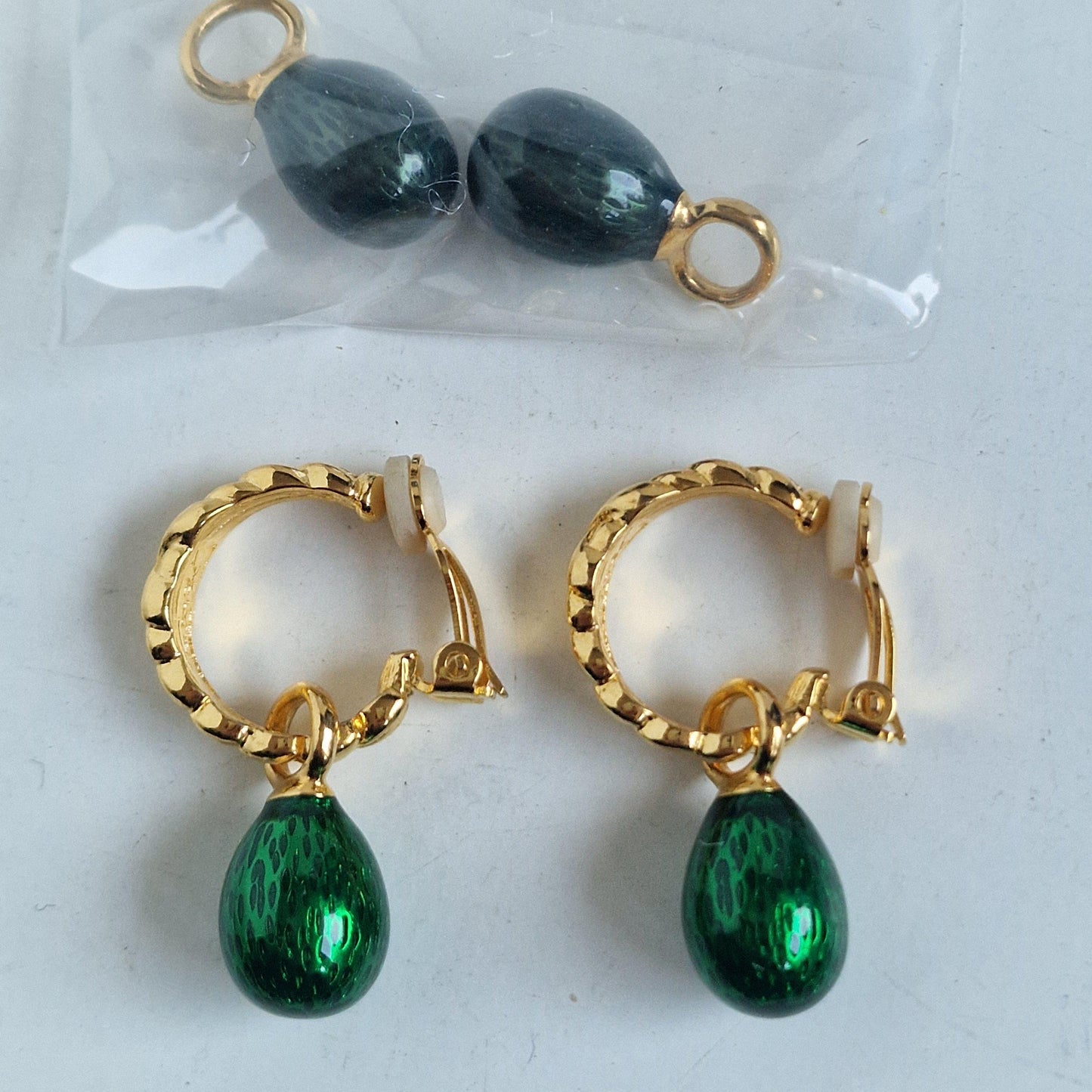 Faberge Egg Clip Earrings, Emerald Green, Vintage Goldgilt Jewelry Fabergé