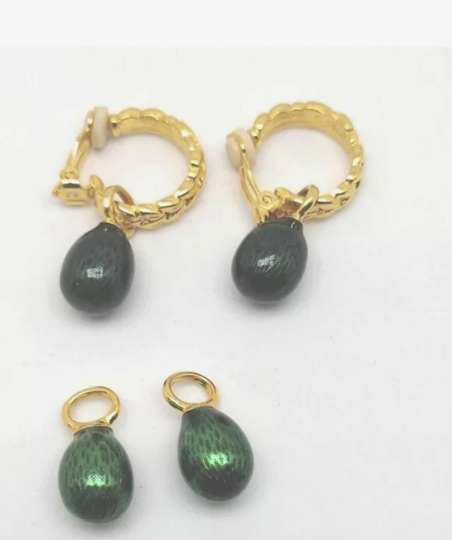 Faberge Egg Clip Earrings, Emerald Green, Vintage Goldgilt Jewelry Fabergé