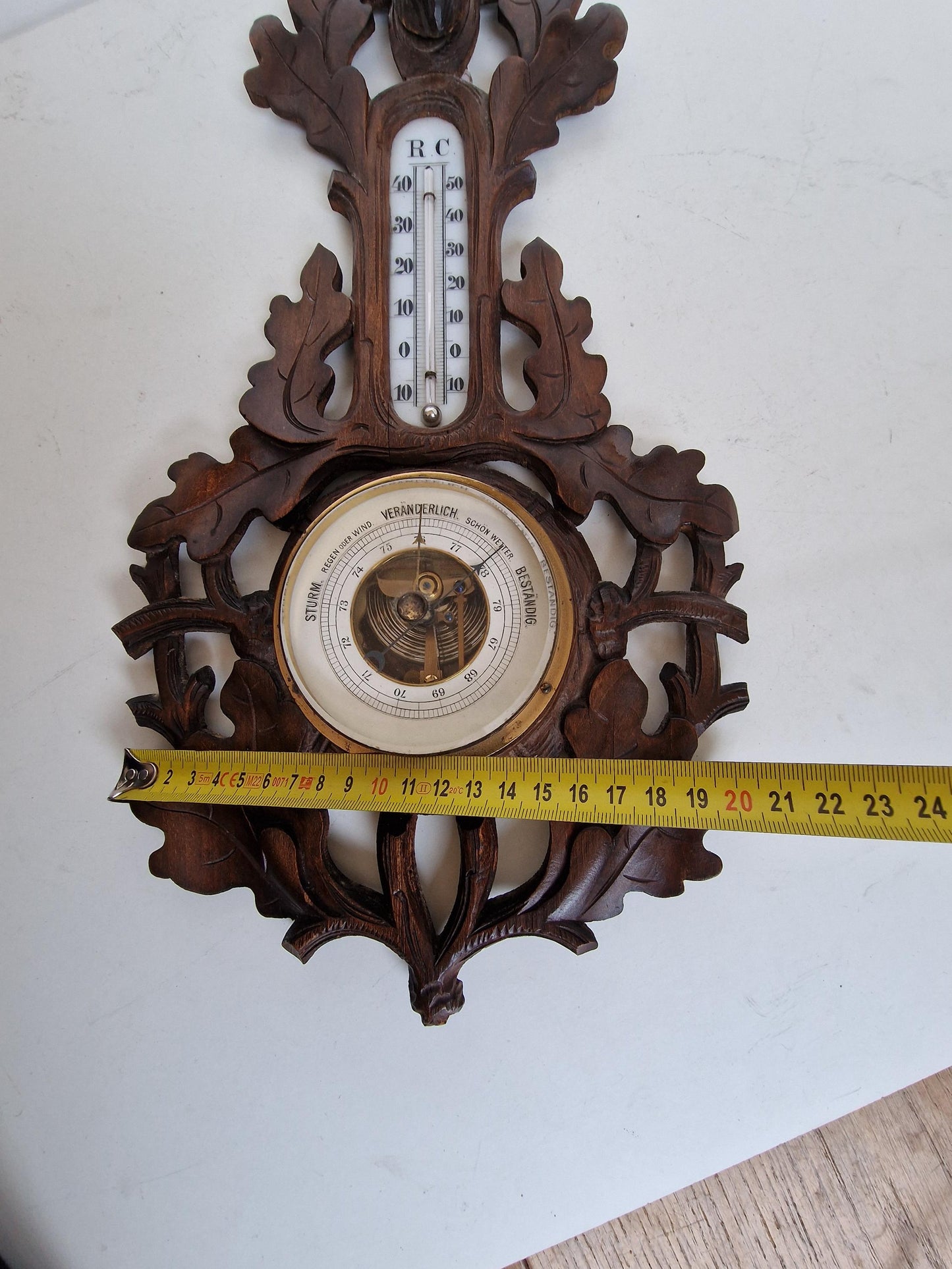 Antique Art Nouveau Holosteric Barometer, German Carved Oak Weather Station