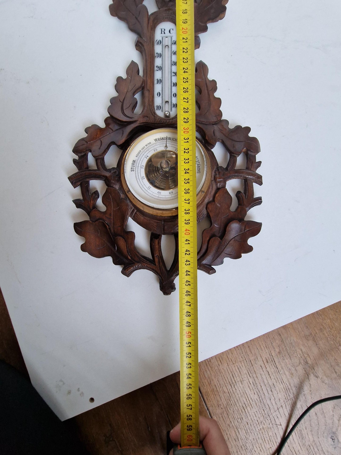 Antique Art Nouveau Holosteric Barometer, German Carved Oak Weather Station