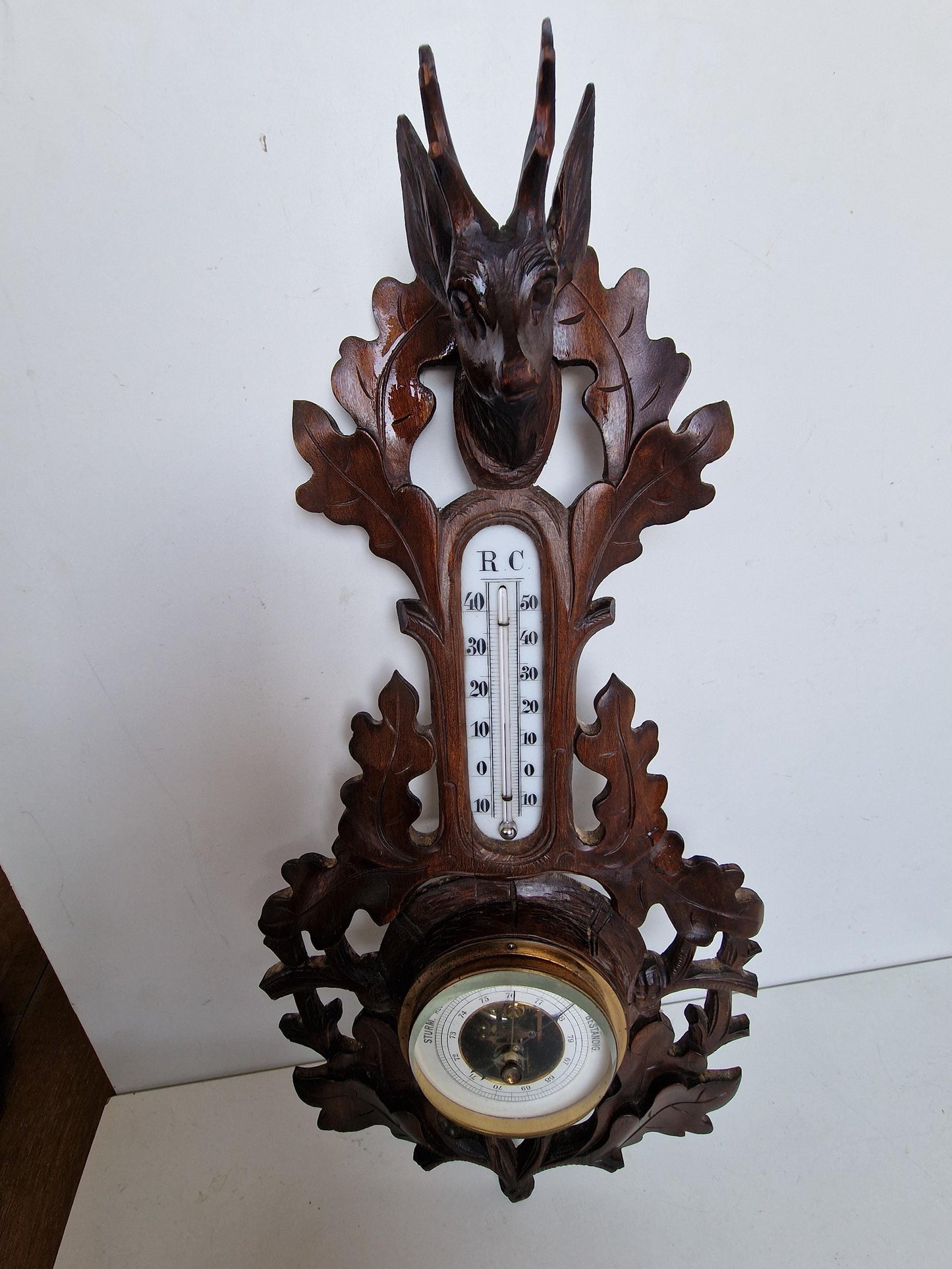Antique Art Nouveau Holosteric Barometer, German Carved Oak Weather Station