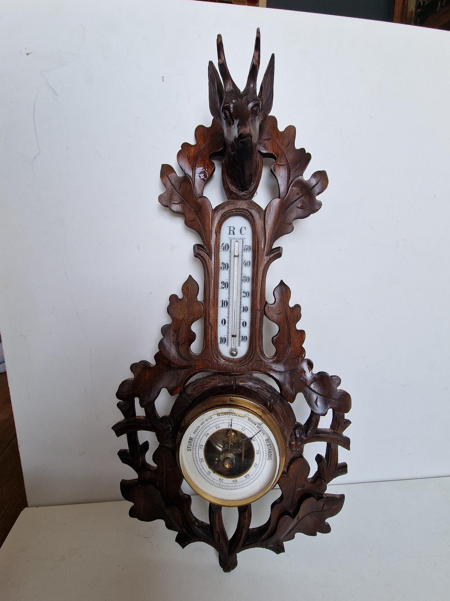 Antique Art Nouveau Holosteric Barometer, German Carved Oak Weather Station