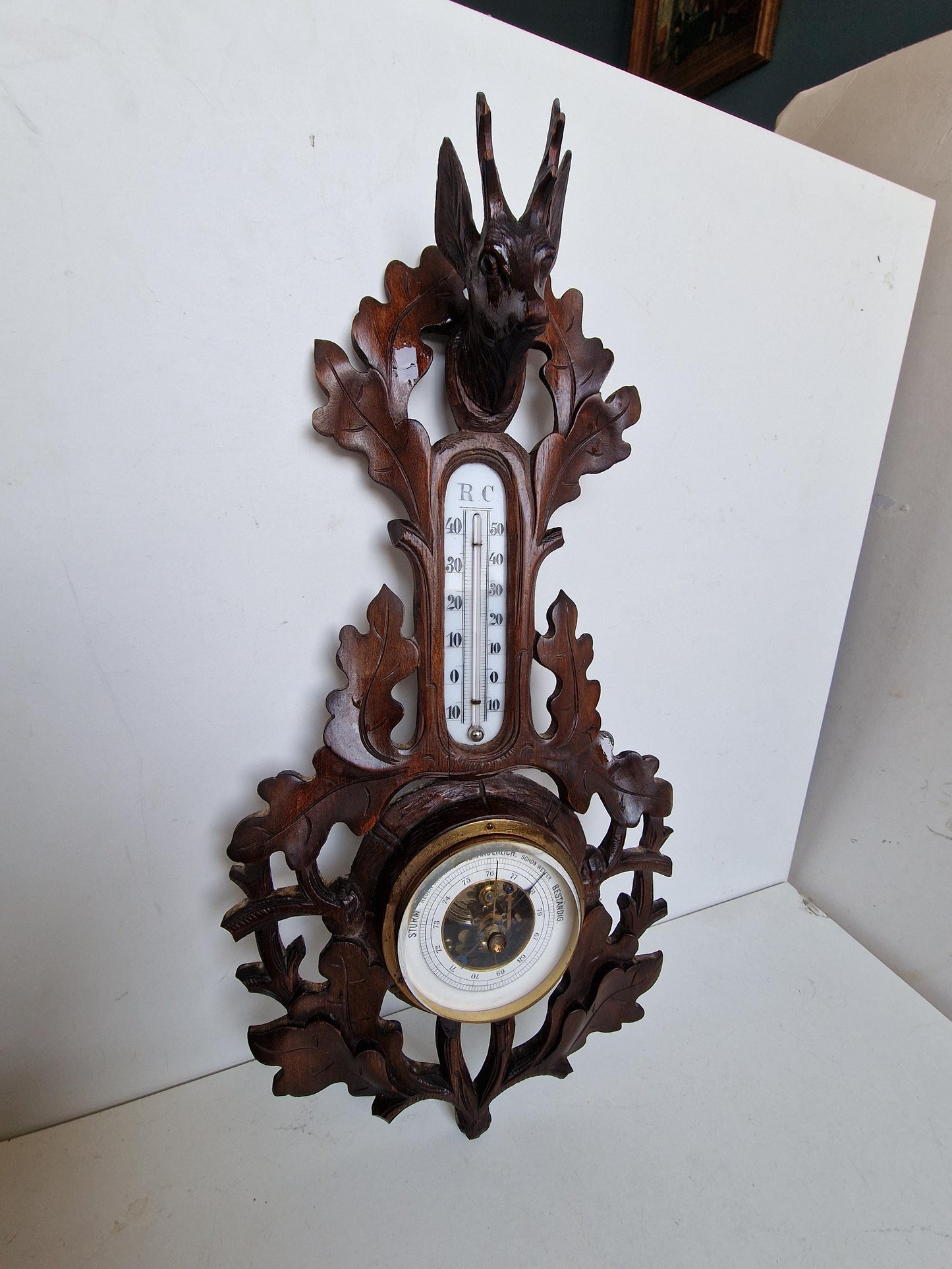 Antique Art Nouveau Holosteric Barometer, German Carved Oak Weather Station