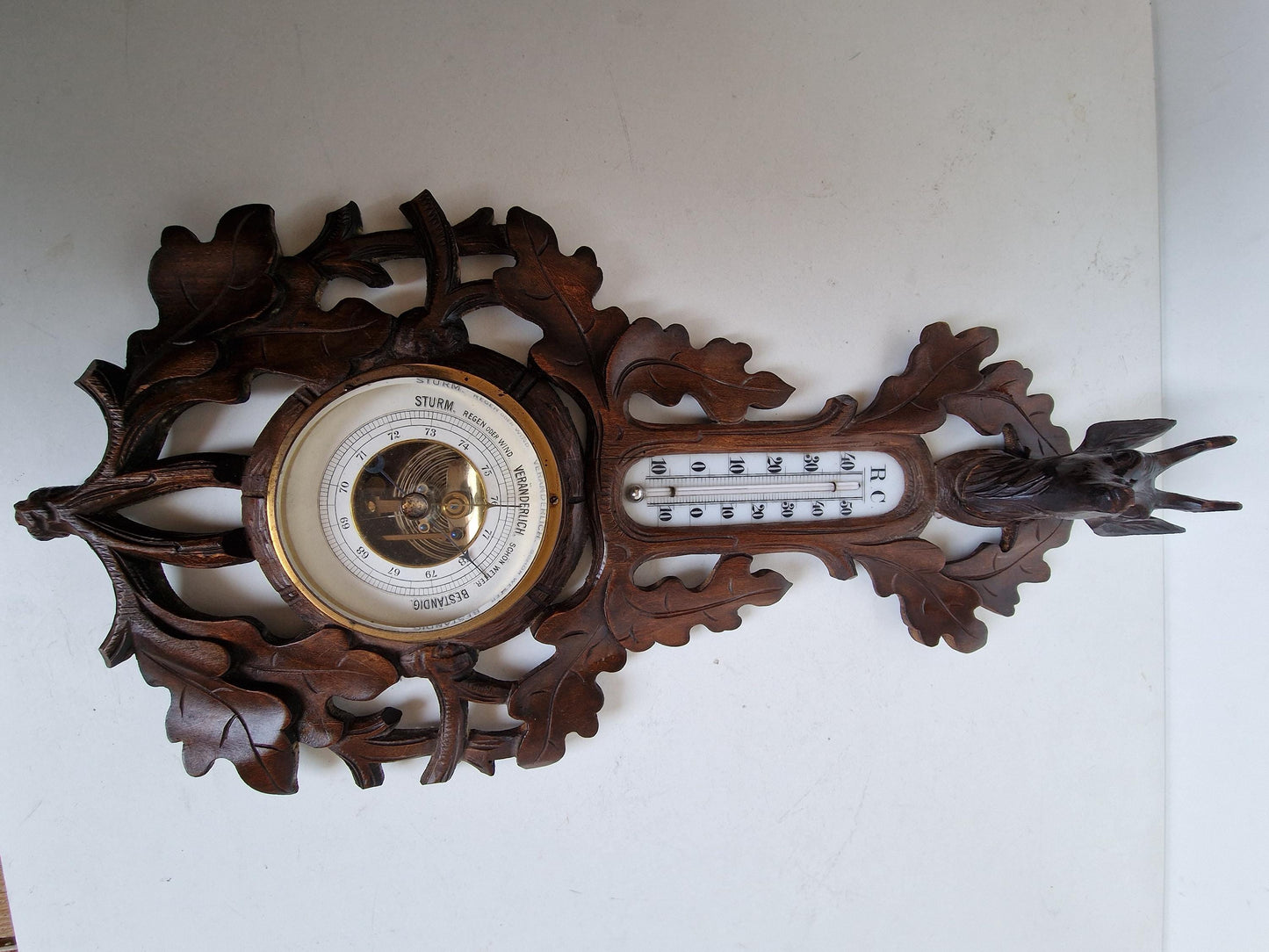 Antique Art Nouveau Holosteric Barometer, German Carved Oak Weather Station