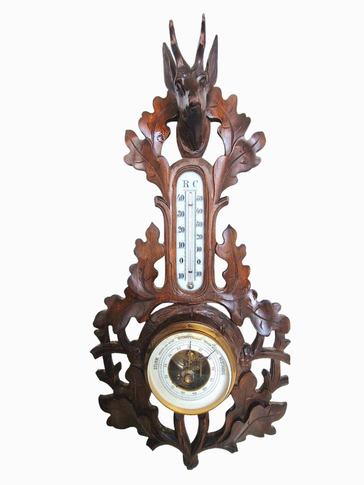 Antique Art Nouveau Holosteric Barometer, German Carved Oak Weather Station
