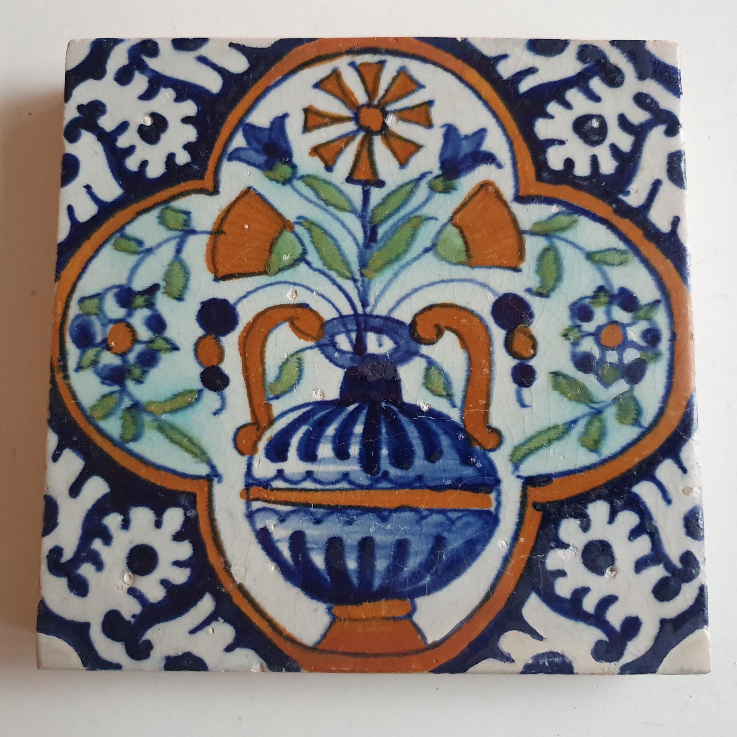 17th Century Dutch Antique Tile – Polychrome Flowerpot Design