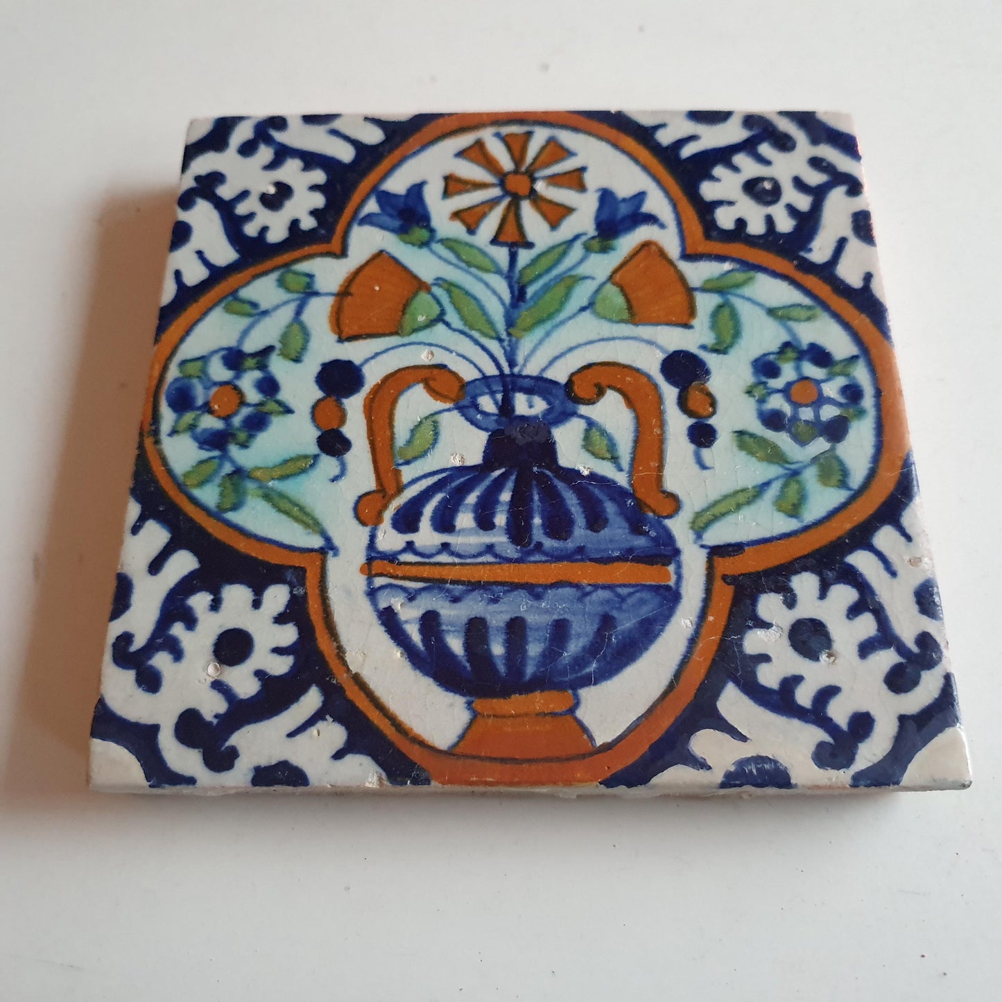 17th Century Dutch Antique Tile – Polychrome Flowerpot Design
