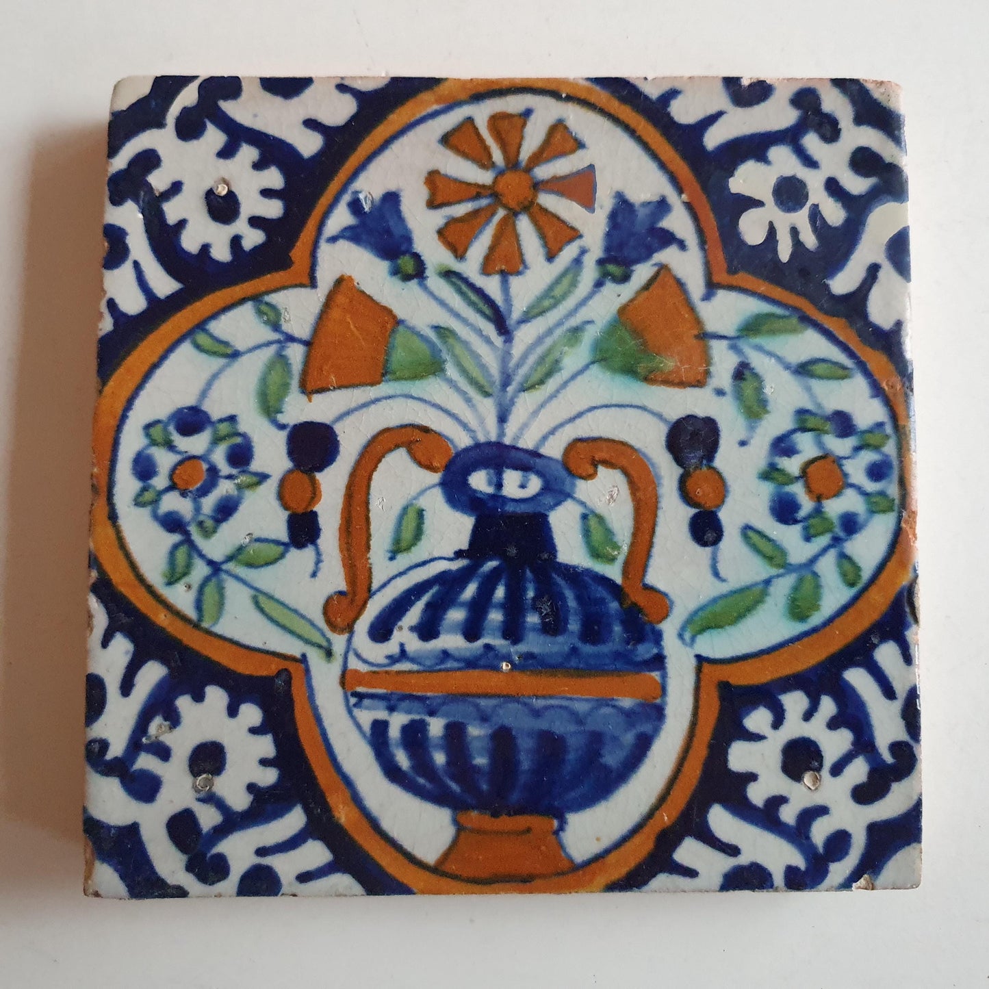 17th Century Dutch Tile – Polychrome Flowerpot Design