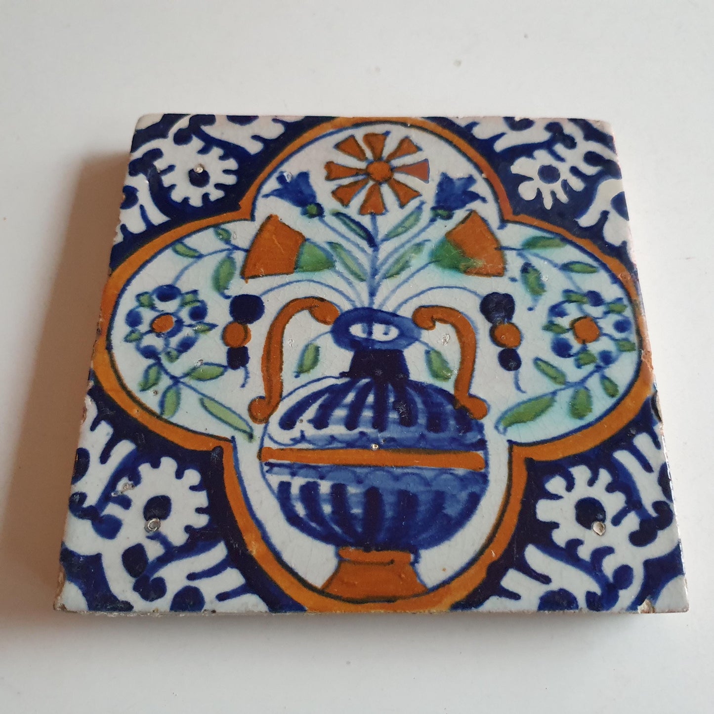 17th Century Dutch Tile – Polychrome Flowerpot Design
