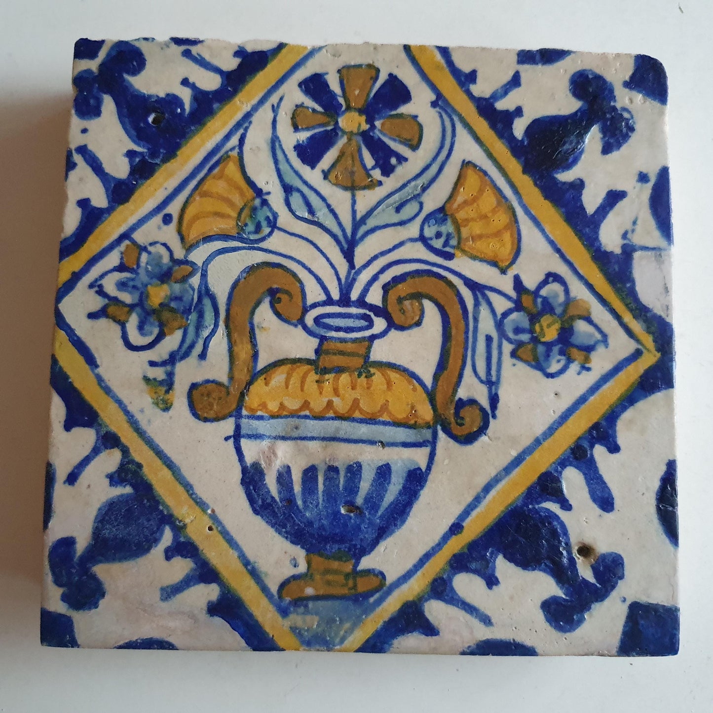 Dutch Antique Tile – 17th Century Polychrome Flowerpot Design