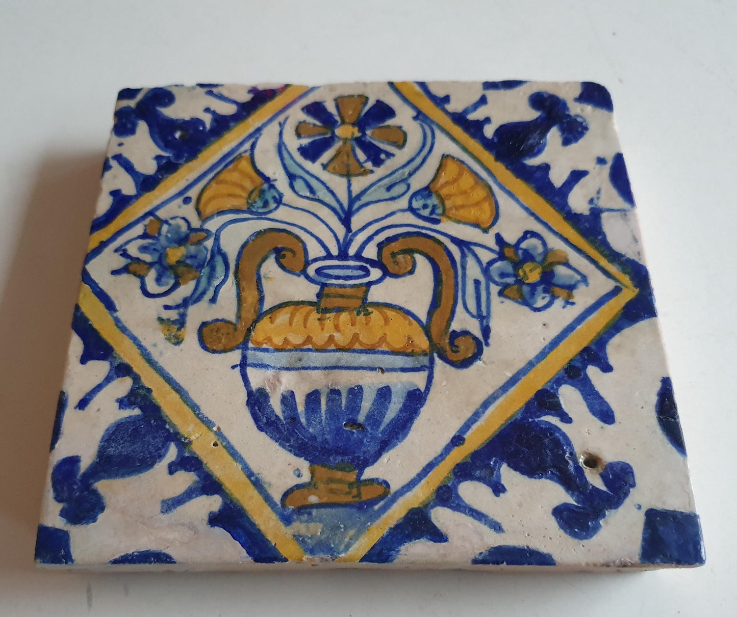 Dutch Antique Tile – 17th Century Polychrome Flowerpot Design