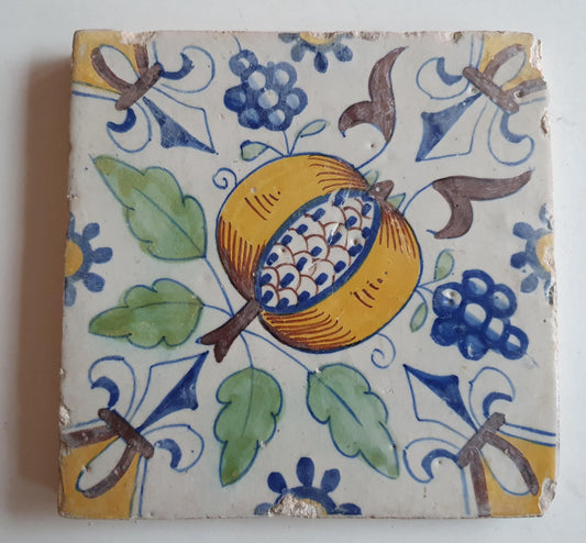 Antique Dutch Tile – 17th Century Polychrome Pomegranate Ornament