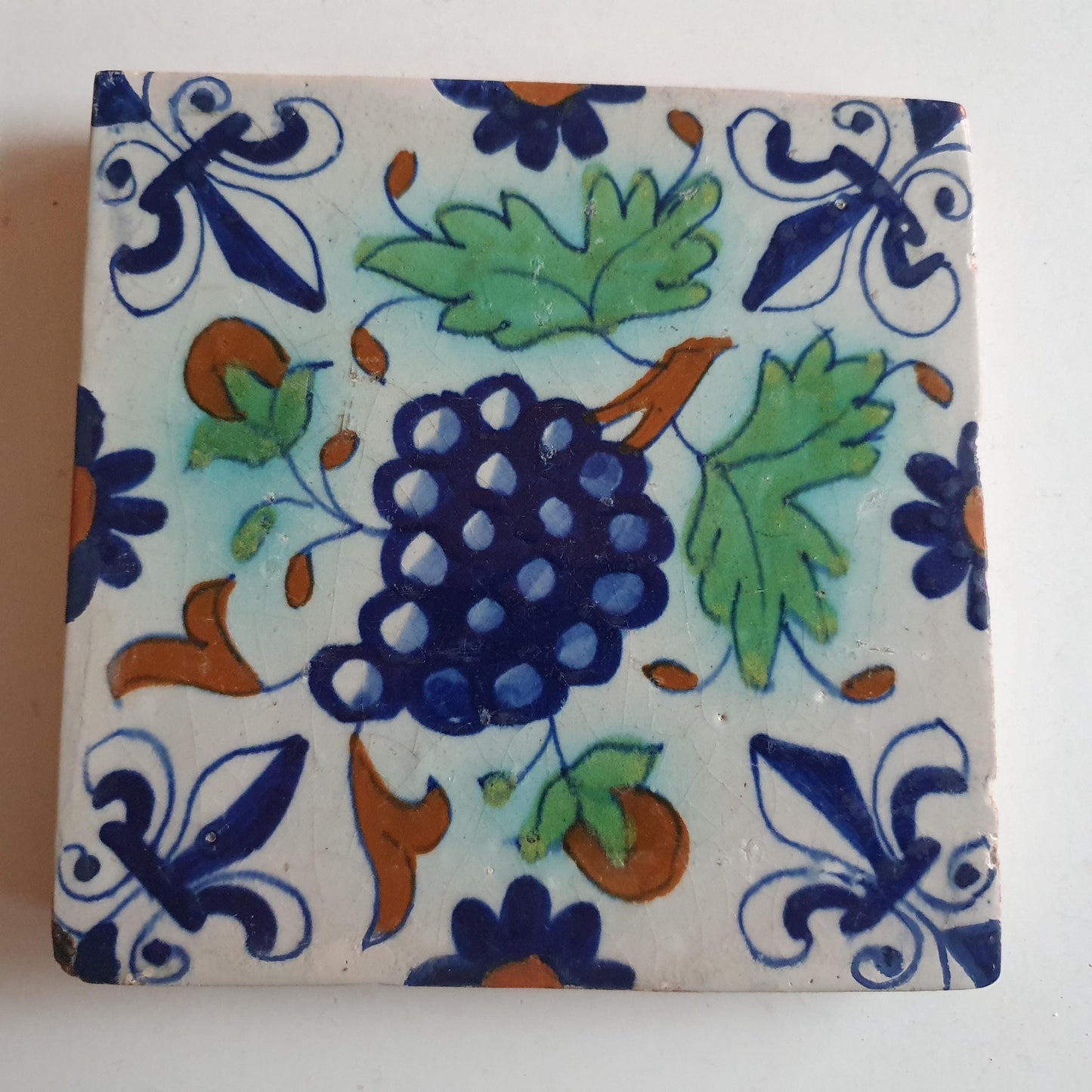 Antique Dutch Tile: 17th Century Polychrome Grape Bunch