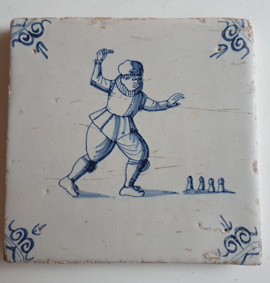 Antique Dutch Tile - child,s play  - Dated 1640, oxhead corner