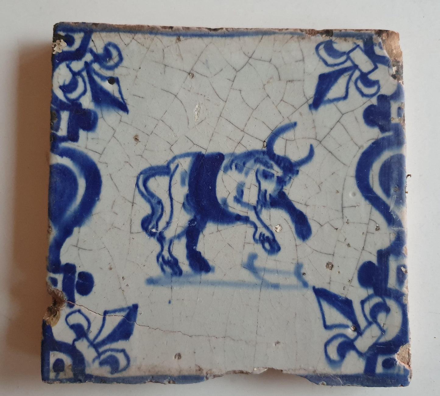 Antique Dutch Delft Tile – Bull Motif, Dated 1640