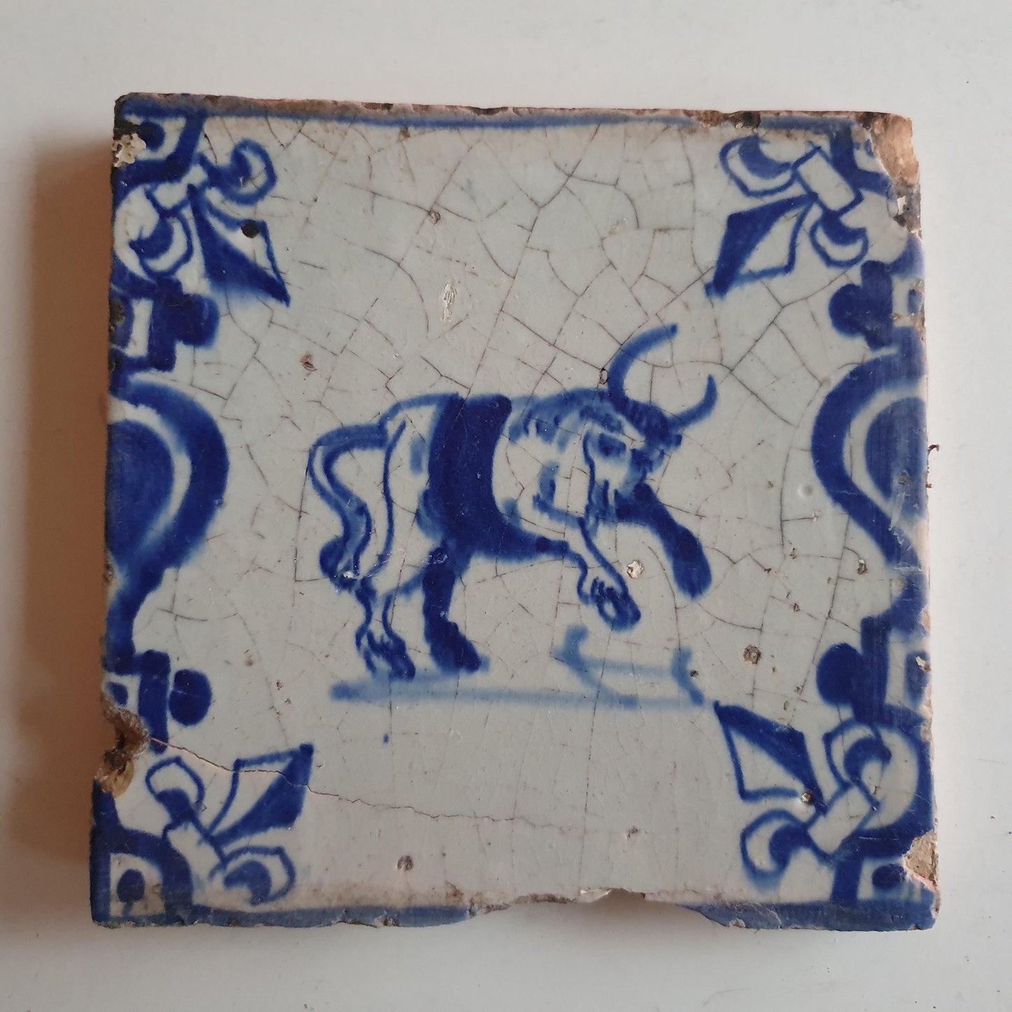 Antique Dutch Delft Tile – Bull Motif, Dated 1640
