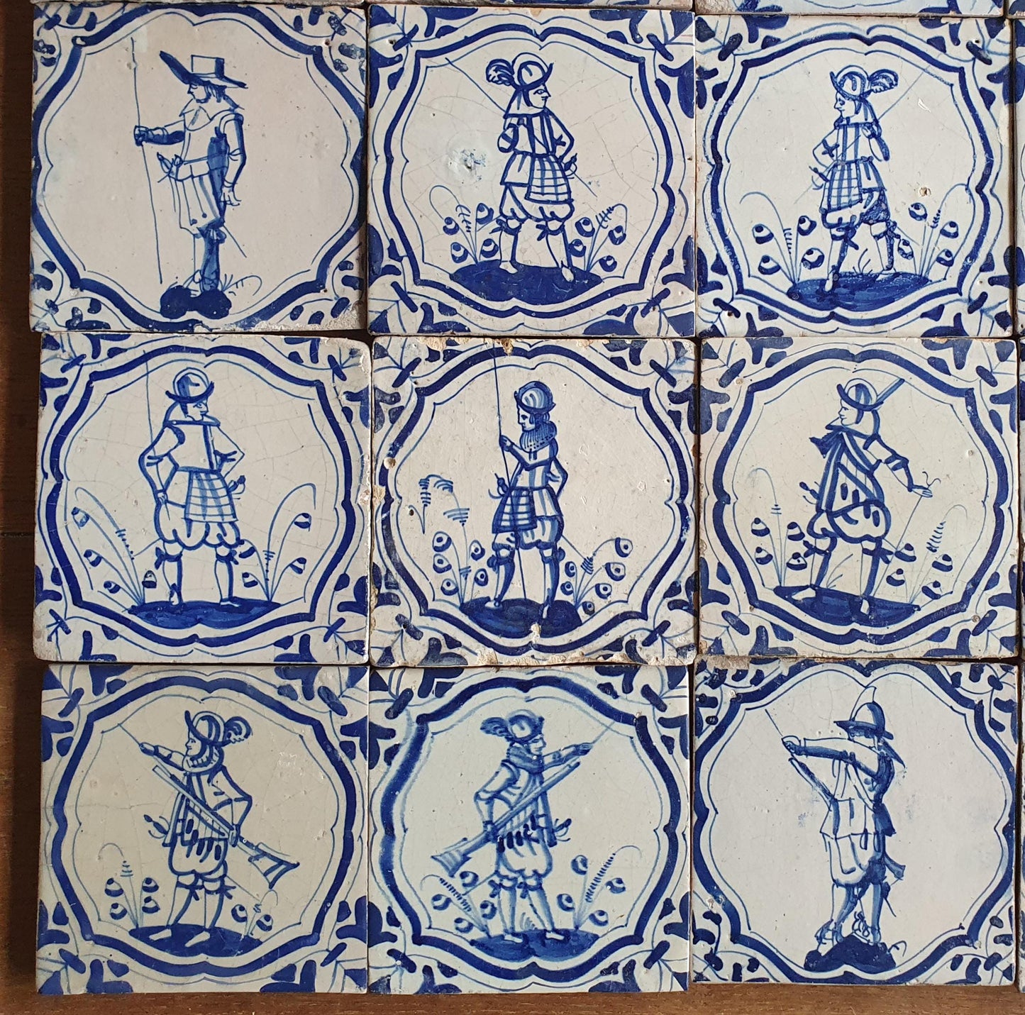 25 Antique Delft Tiles – 17th Century Dutch Soldiers, Wanli Motif