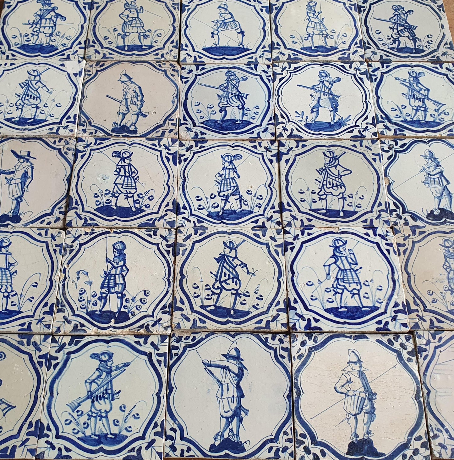 25 Antique Delft Tiles – 17th Century Dutch Soldiers, Wanli Motif