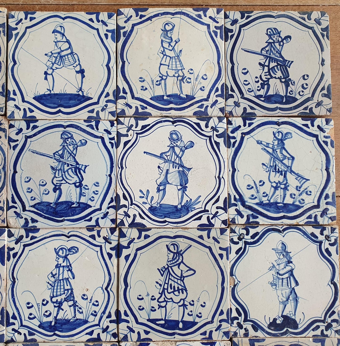 25 Antique Delft Tiles – 17th Century Dutch Soldiers, Wanli Motif